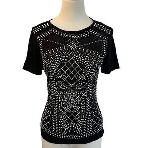 Black Studded Top Y2K Glam Mesh Tee Womens M